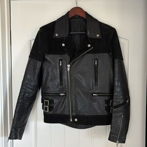 Sandro Paris Black Leather Suede Quilted Lined Zip Biker Jacket Women’s Size XS‎